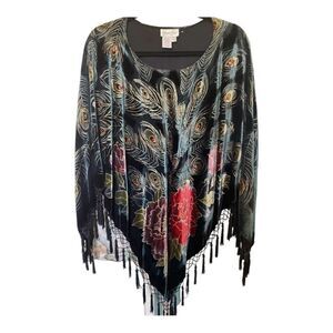 Coldwater Creek peacock poncho velvety with fringe excellent like new condition